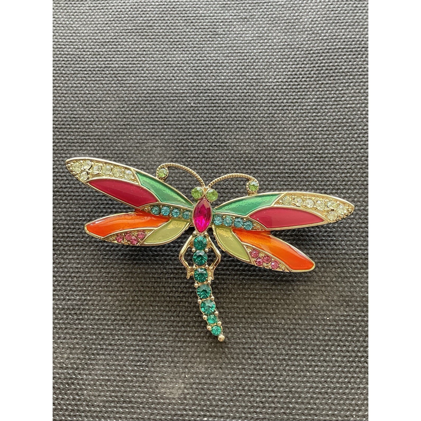 Multi-Colored Enamel And Rhinestone Dragonfly Brooch Vintage Estate Jewelry
